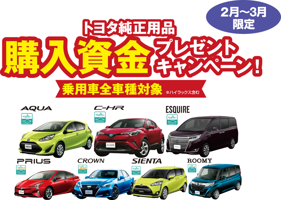 2月～3月限定トヨタ純正用品　購入資金プレゼントキャンペーン　乗用車全車種対象
